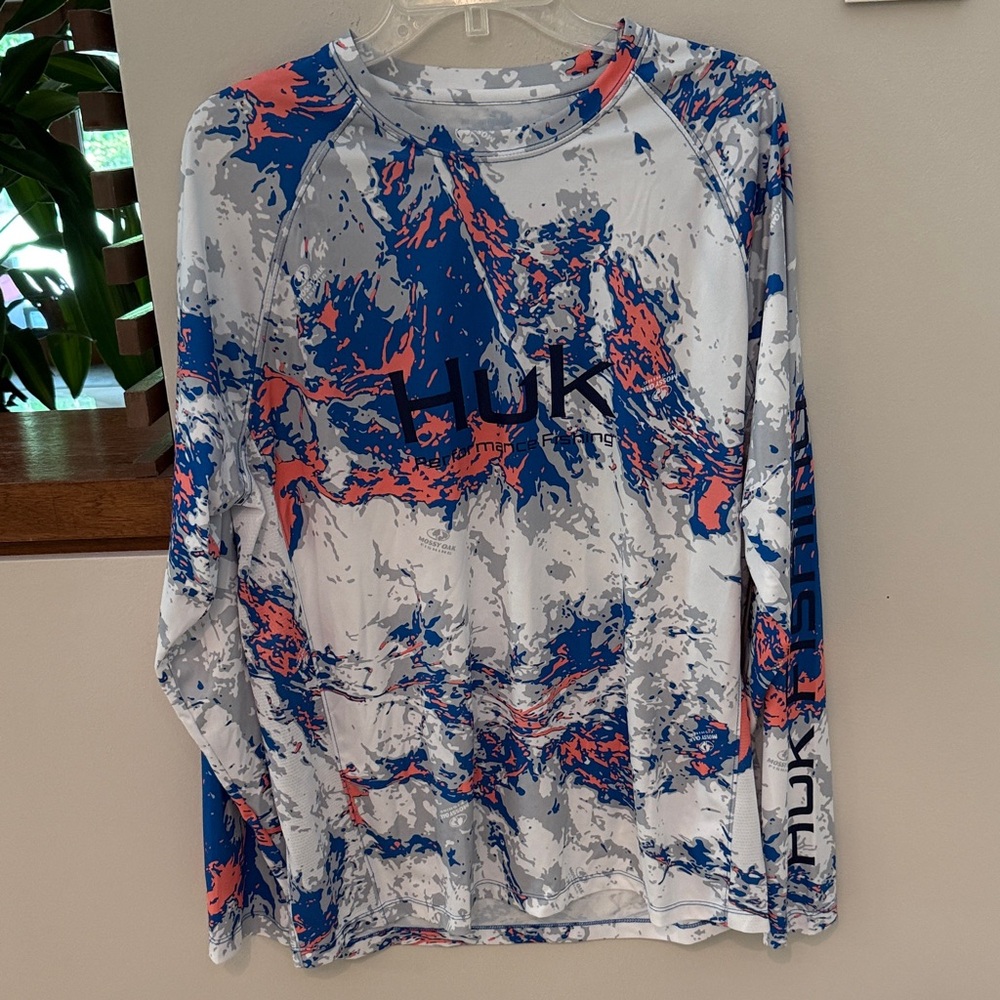 Huk Mossy Oak Pursuit White Long Sleeve Fishing Shirt L Blue Coral Crew